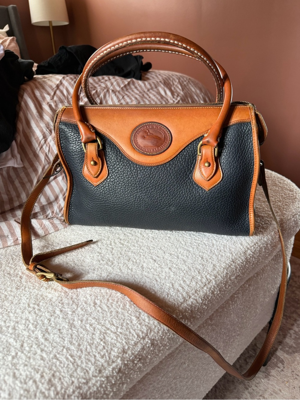Dooney & Bourke Black Pebbled Leather Satchel with Brown Trim